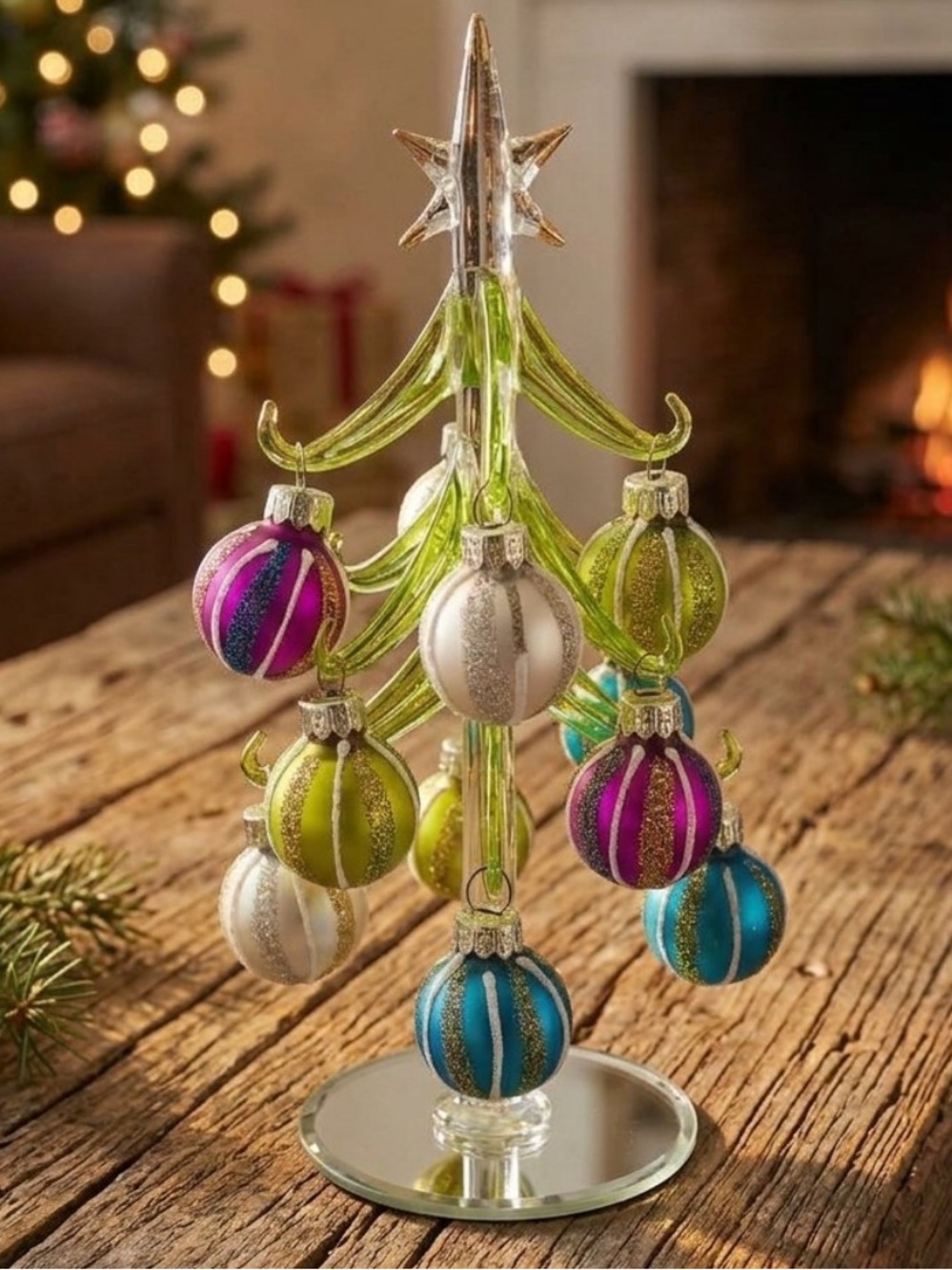 Blown Glass Mini Holiday Tree with Multicolor Ornaments
Original box